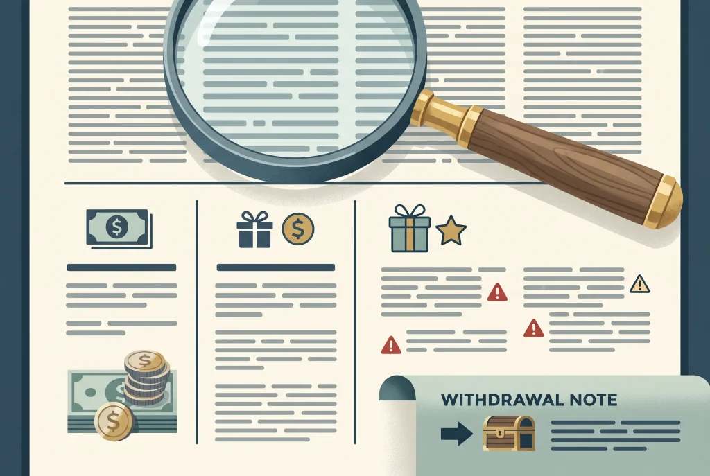 Magnifying glass over gambling bonus terms with own money and bonus funds shown separately
