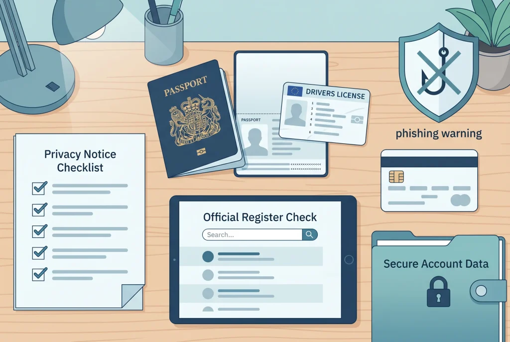 Identity documents, payment details and a privacy checklist being reviewed before upload