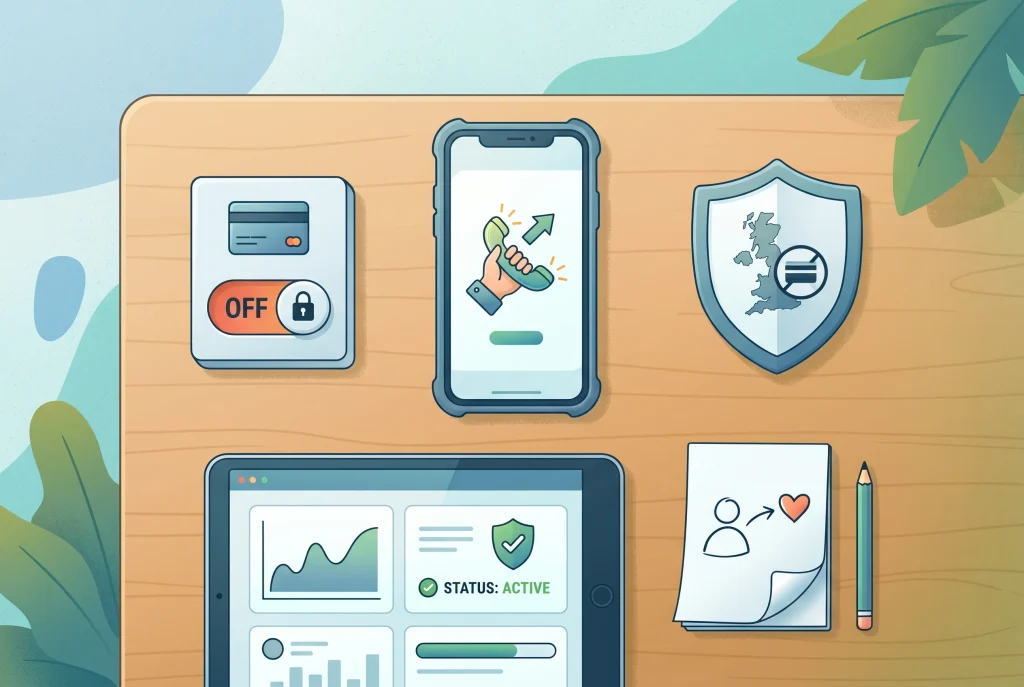 Support phone, self-exclusion shield, bank block and blocking software shown as safer gambling tools