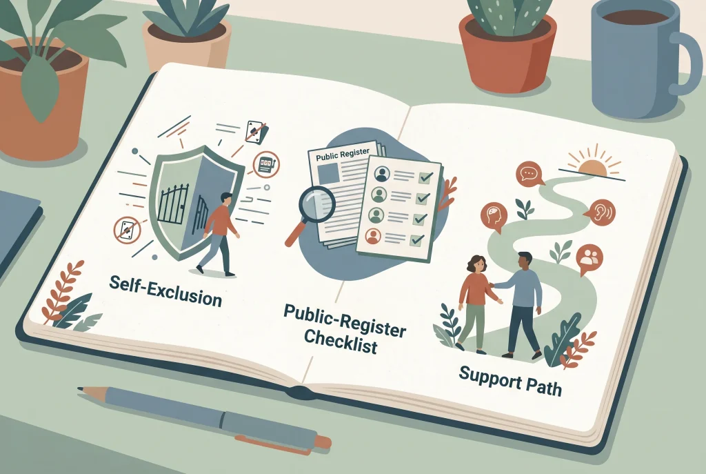 Notebook showing self-exclusion, licence checks and support steps as separate safer gambling decisions