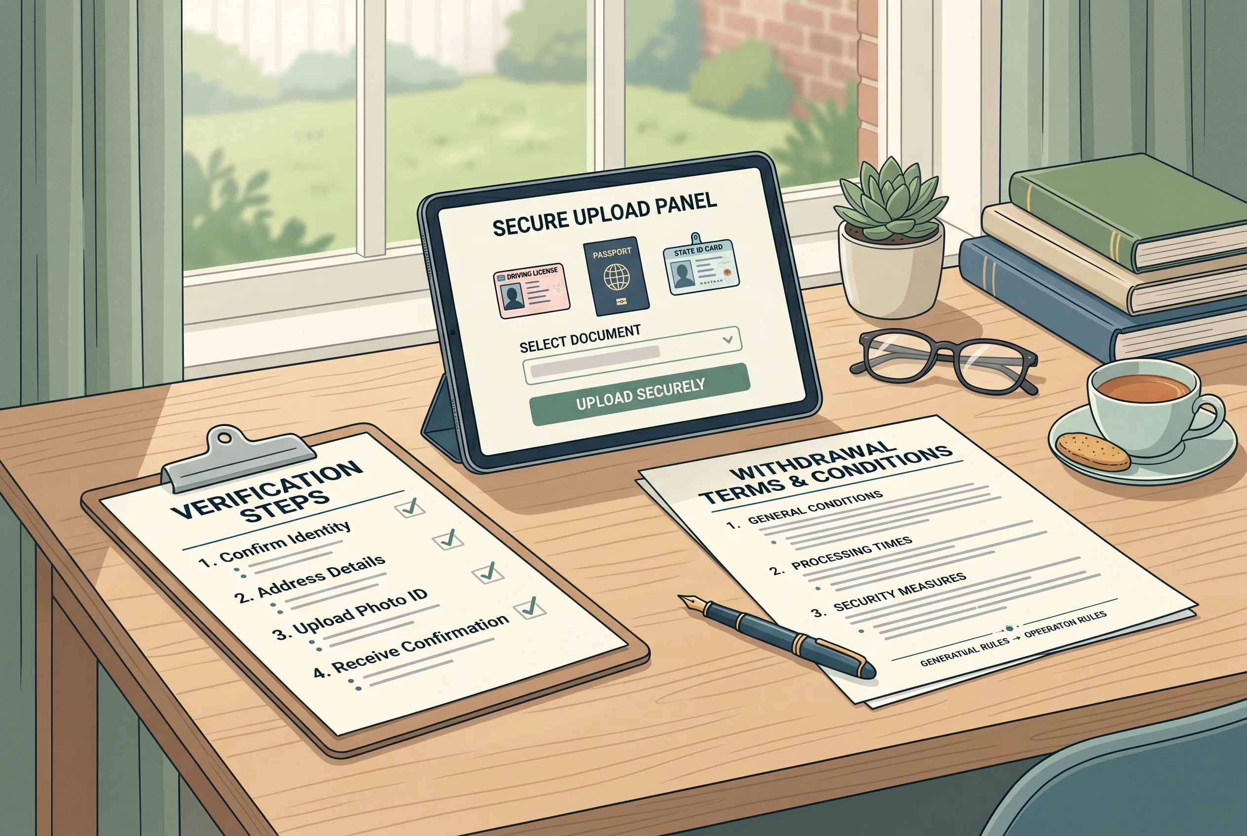 Documents and account terms being reviewed before an online gambling withdrawal