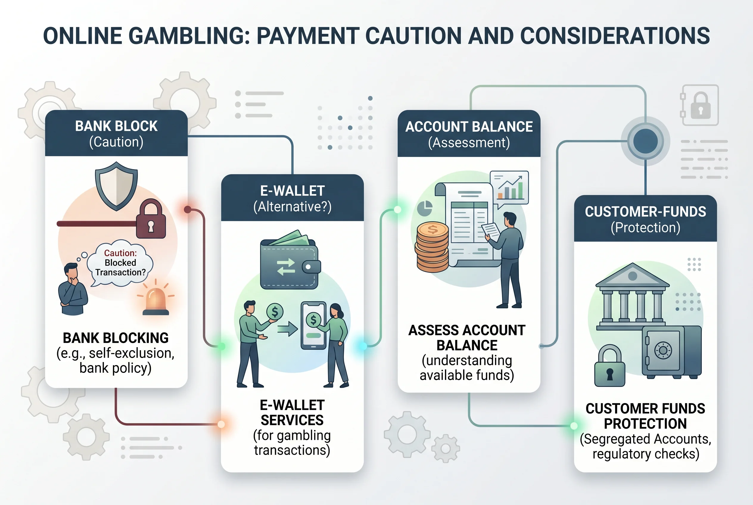 A neutral payment safety diagram with bank block and account balance checkpoints