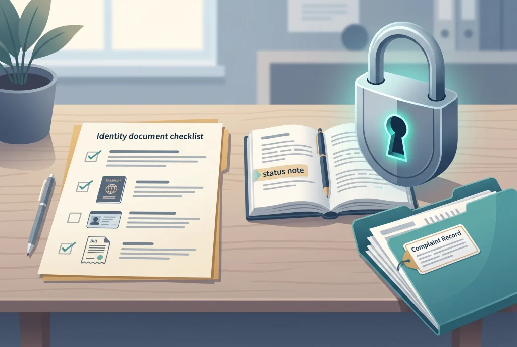 Identity document checklist beside a withdrawal record and complaint folder