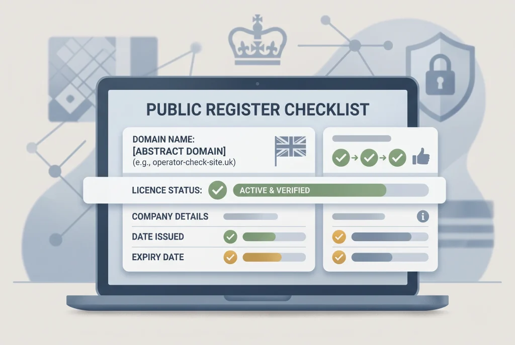 Checklist comparing a gambling site claim with public register details before money is sent